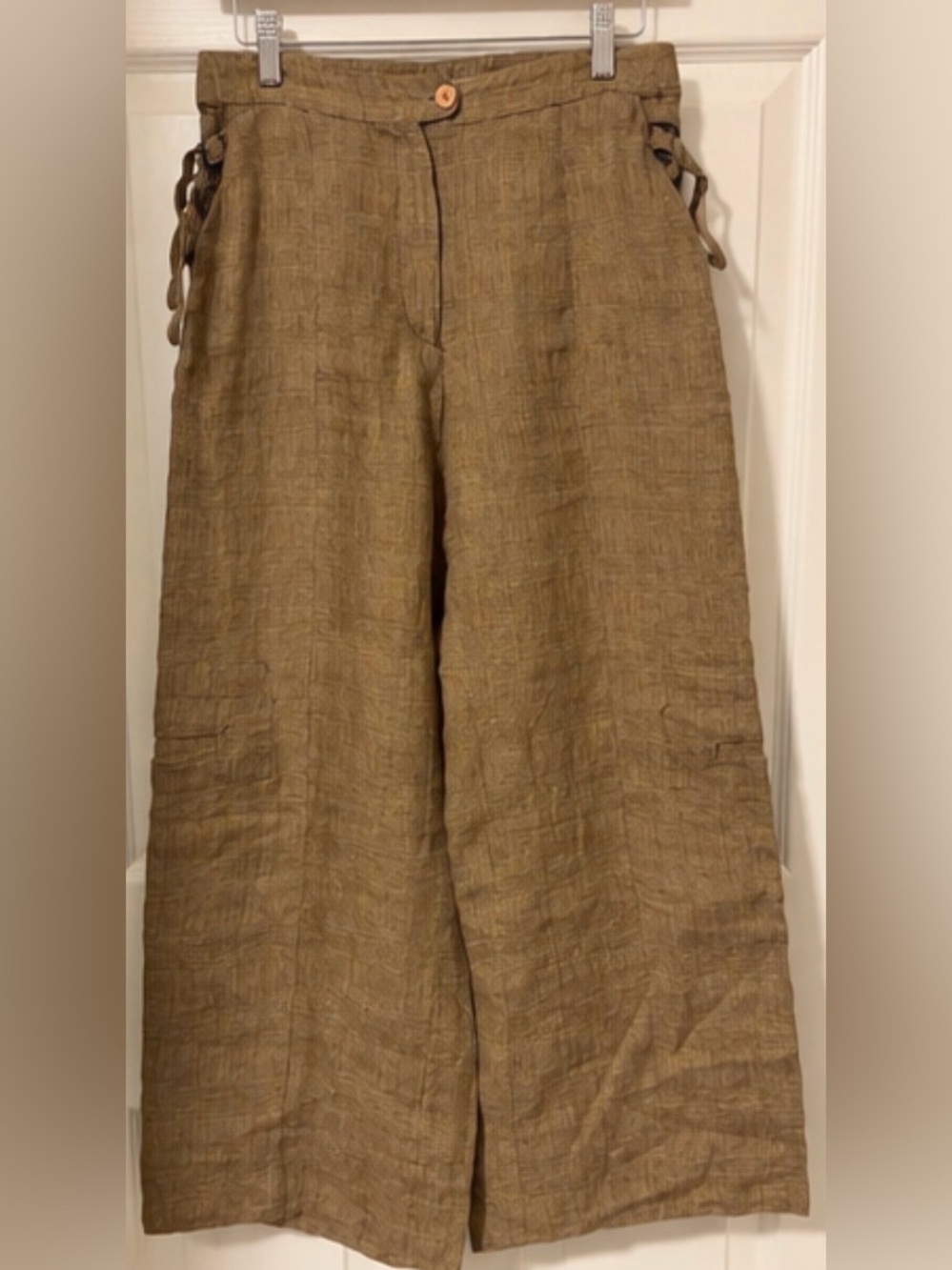 Wide-Leg Linen Blend Pants in Tan with Side Lace-Up Detail
